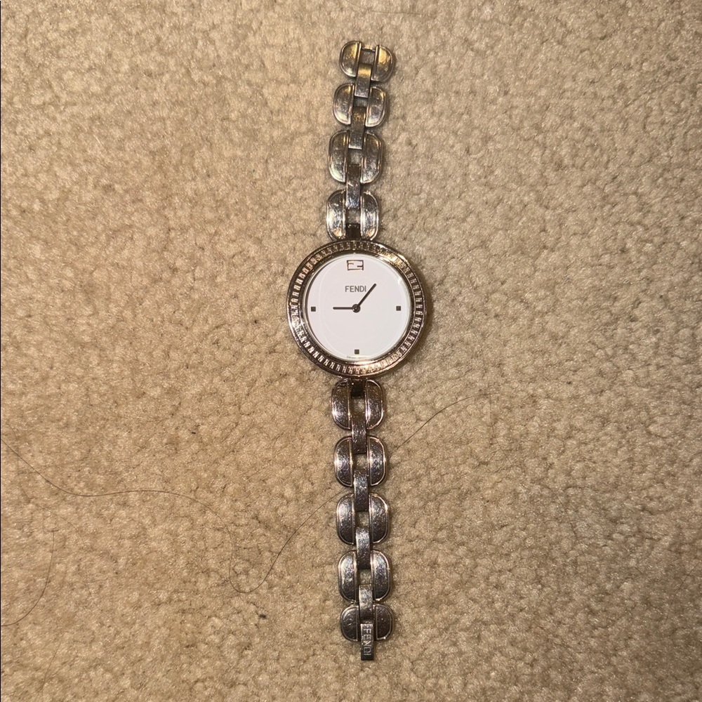 Fendi Silver-Tone Linked Bracelet Watch with White Dial